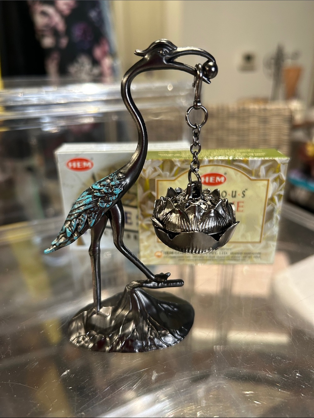 Patina Winged Silver Crane & Hanging Lotus Incense Holder Set of 2 Incense Cones